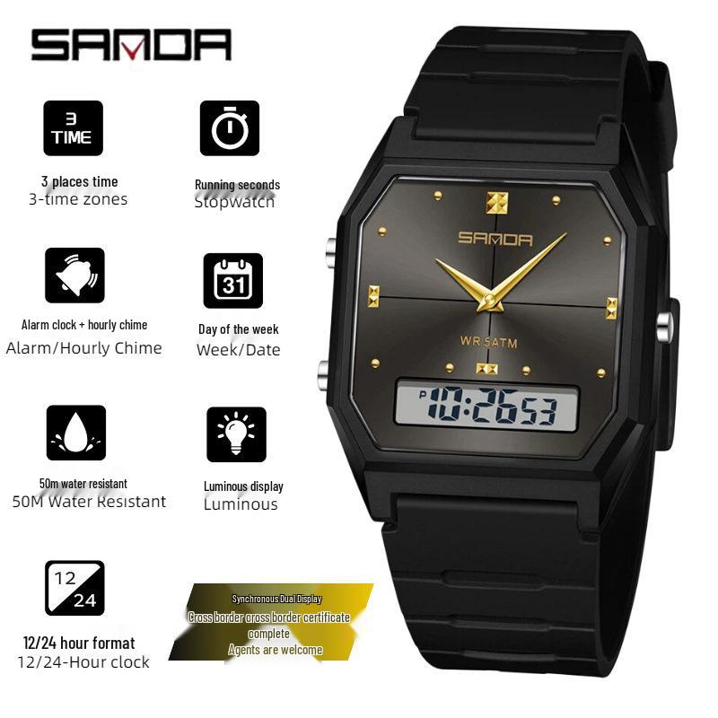 Sanda TEMU Men's Sports Watch: Hot-Selling, Waterproof, Luminous, Thin Square Design, Dual Display, Three Time Zones.