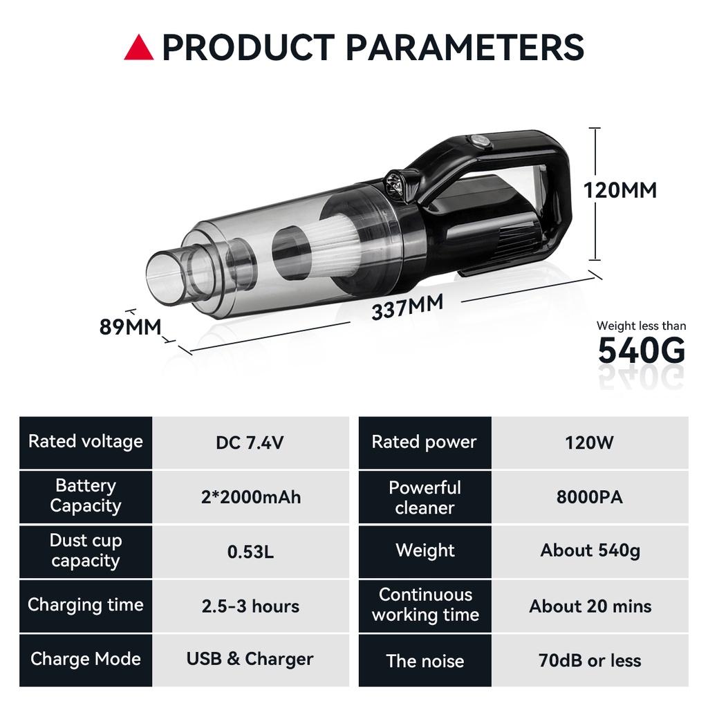 8000Pa 120W Wireless Handheld Vacuum Cleaner LED Dual-Charge Mode Wet Dry Cleaner for Home Office Cars