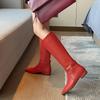 Fashion New Solid Color Cowhide 2.5cm Low Heel Knee High Boots Autumn Winter Fashion Warm Plush Red Black Spicy Girl Women Boots 34-43