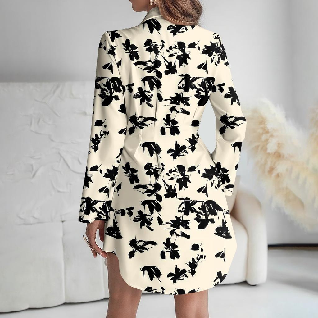 Damen Locker sitzendes V-Ausschnitt Langarmkleid Druck Arbeitshemdkleid