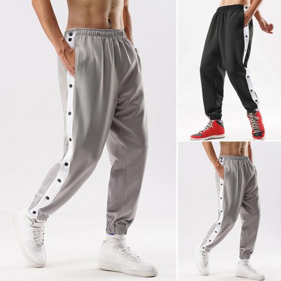 Mid-Rise Elastic Waistband Pockets Side Buttons Closure Men Pants Splicing Basketball Training Sweatpants Daily Clothing