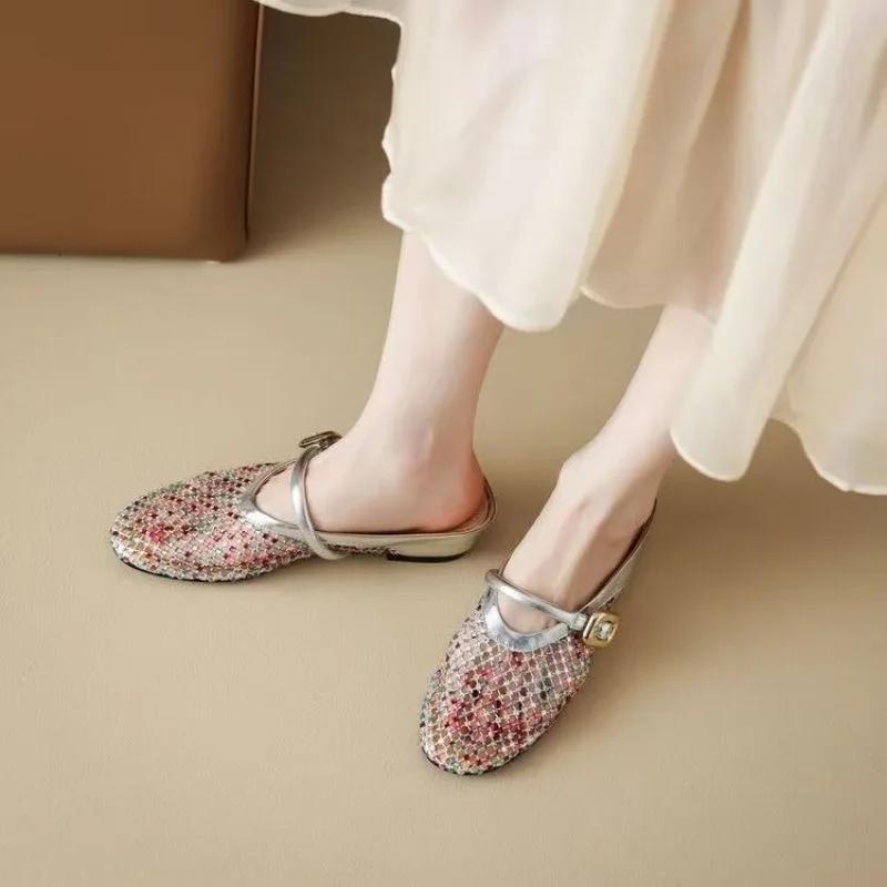 Fashion Giant Soft Inner Heightened Slippers Women's Summer Color Rhinestone Buckle Hollow Mesh Breathable Cool Mop