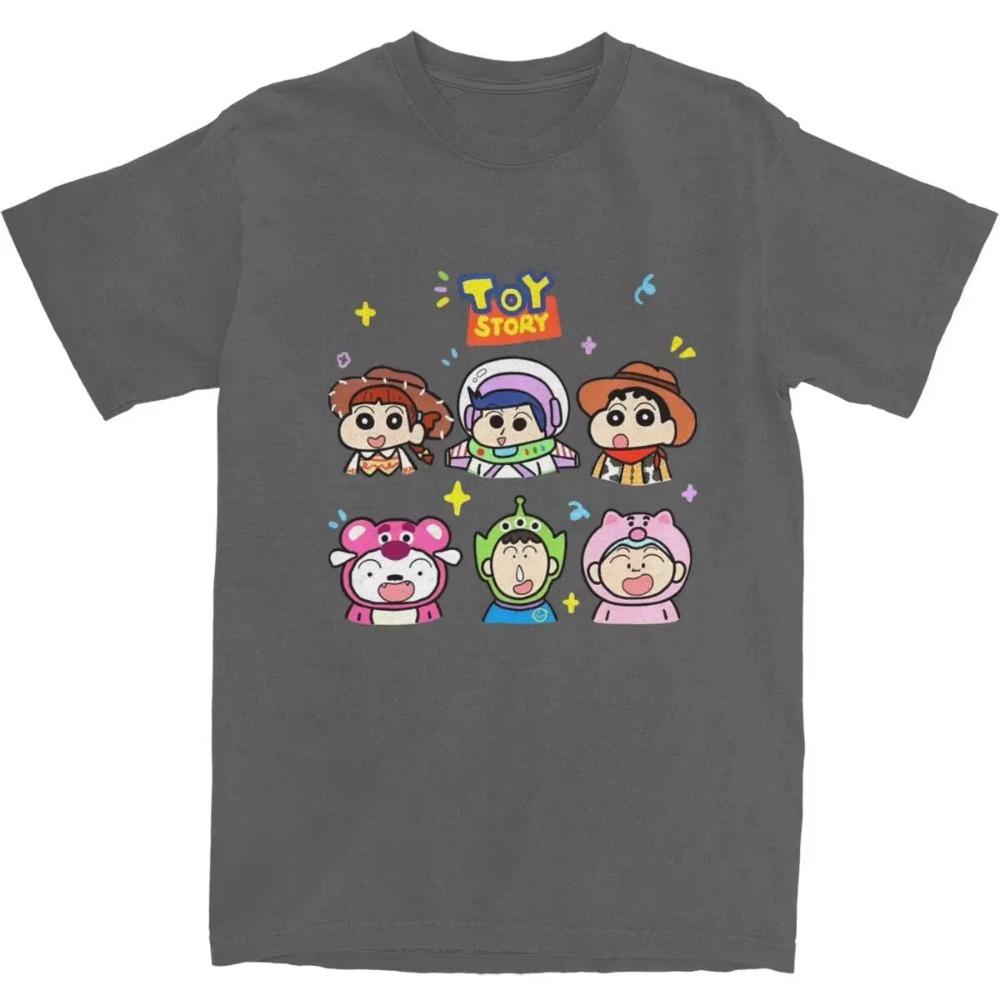 Herren Crayon Shin-chan X Toy Story Cartoon T-Shirts Baumwoll-Oberteile Sommer Vintage Kurzarm-T-Shirt