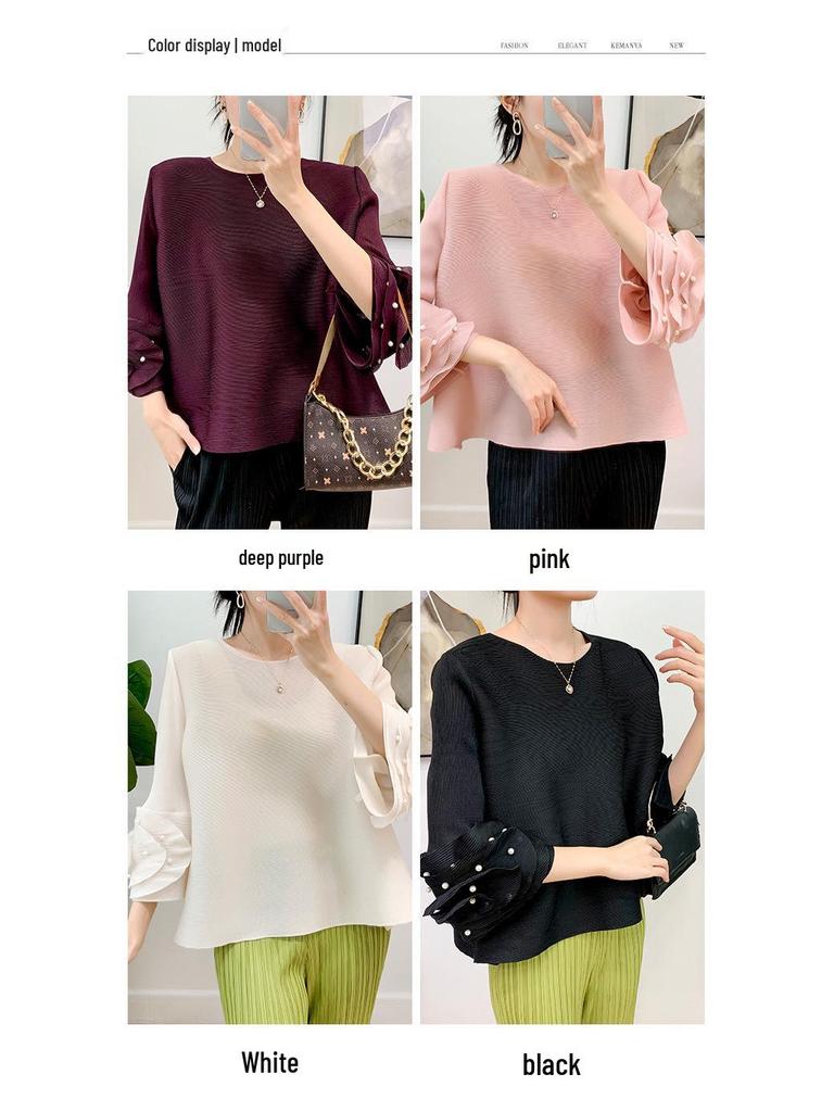 Damen Plissee Oberteil mit ausgestellten Ärmeln und Perlen-Rundhalsausschnitt