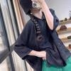 Women's Chinese Style Three-Quarter Sleeve Linen Shirt with Frog Button for Tea Ceremony