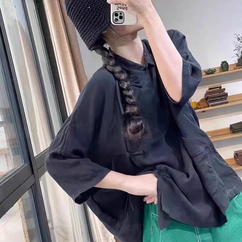 Women's Chinese Style Three-Quarter Sleeve Linen Shirt with Frog Button for Tea Ceremony