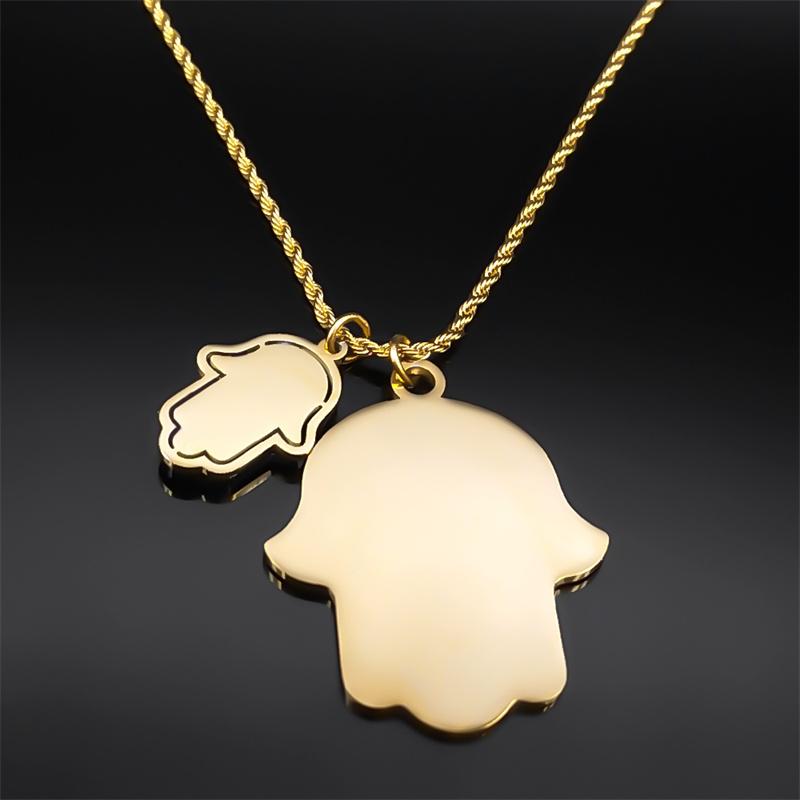 Lucky Crystal Hamsa Hand of Fatima Arabic Necklace for Women Men Stainless Steel Gold Color Necklaces Jewelry Gifts NXS05
