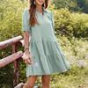 Casual Summer Swing Dress V Neck Short Sleeve Pleated Midi Flowy A Line Sundress Women Beach Dress with Lapel Collar