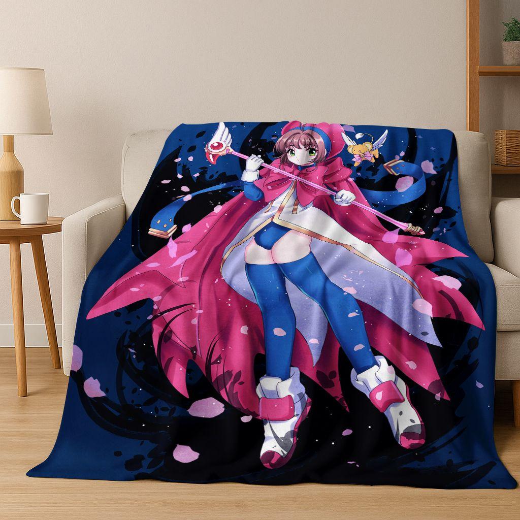 Cute Cartoon Card Captor Sakura Magic Girl Anime Art Flannel Blanket,Cozy Soft Throw Blanket for Home Bedroom Bed Sofa Cover Kid