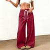 Womens Suede Wide Leg Pants Elastic Waist Loose Fit Trousers Drawstring Waistband with Pockets Casual Style Long Pants