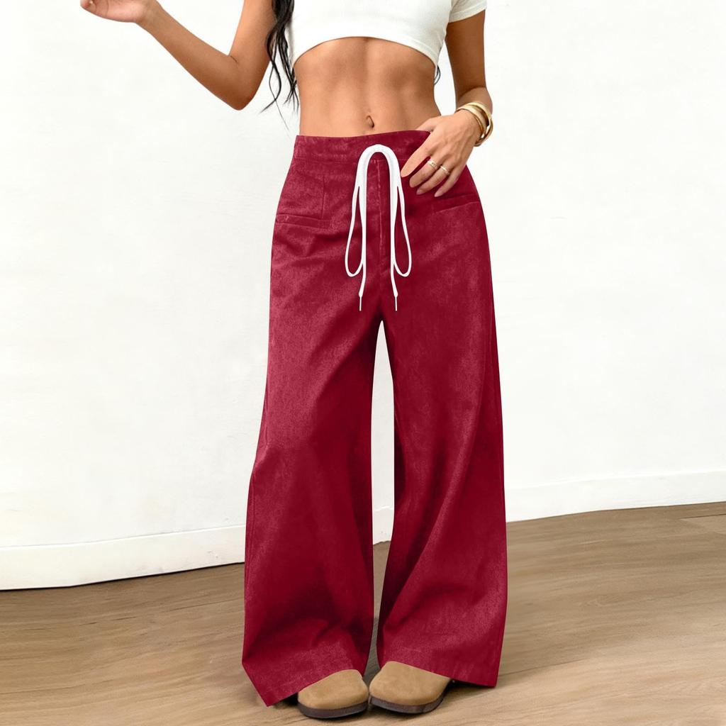 Womens Suede Wide Leg Pants Elastic Waist Loose Fit Trousers Drawstring Waistband with Pockets Casual Style Long Pants