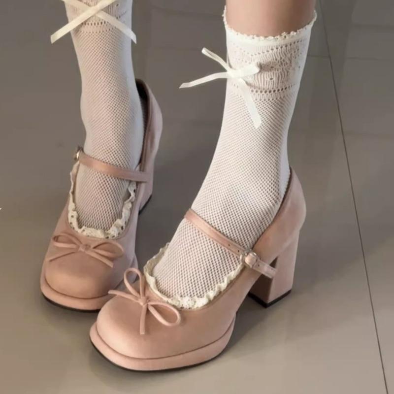 

Sweet Bow High Heel Not Tired Feet Mary Jane Shoes Women s 2026 Spring New French Lace Small Leather Shoes 35 рожевий