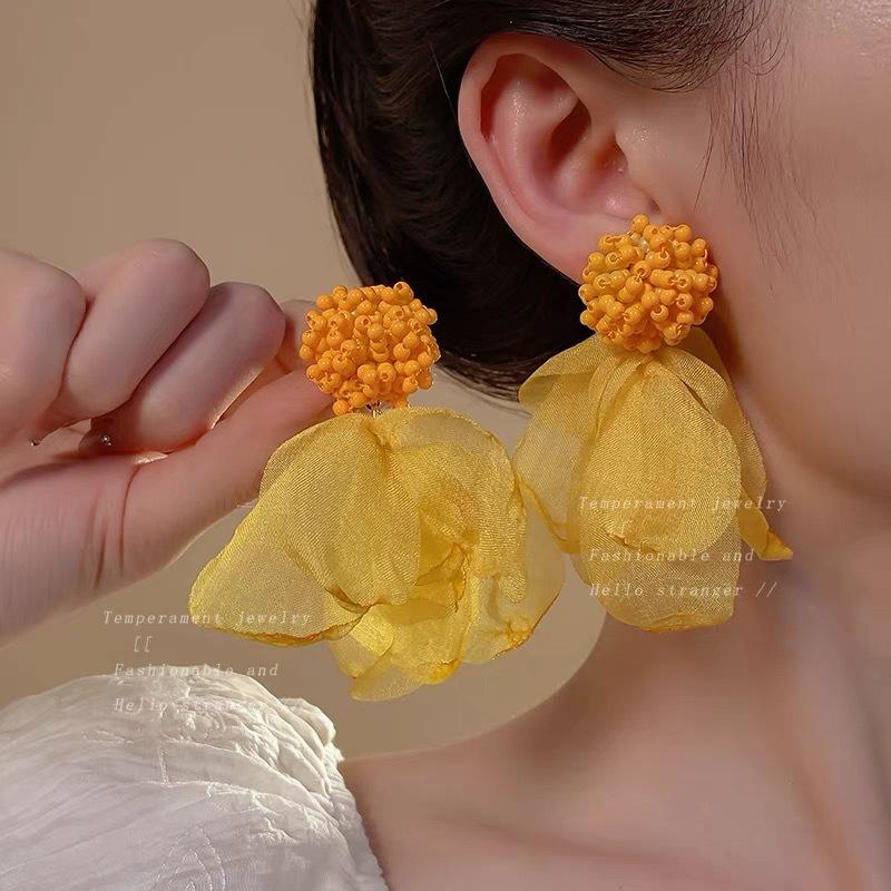 Golden Autumn Dangui Long Tassel Flower Mori Sweet Niche Design Earrings Ear Hooks Mosquito Coil Disc Ear Clips Women