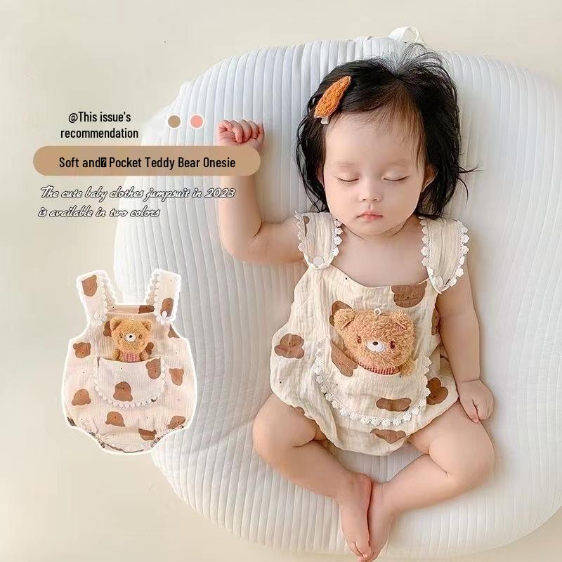 

Baby Girl Summer Triangle Romper: Short Sleeve Bear Cartoon Onesie 90cm