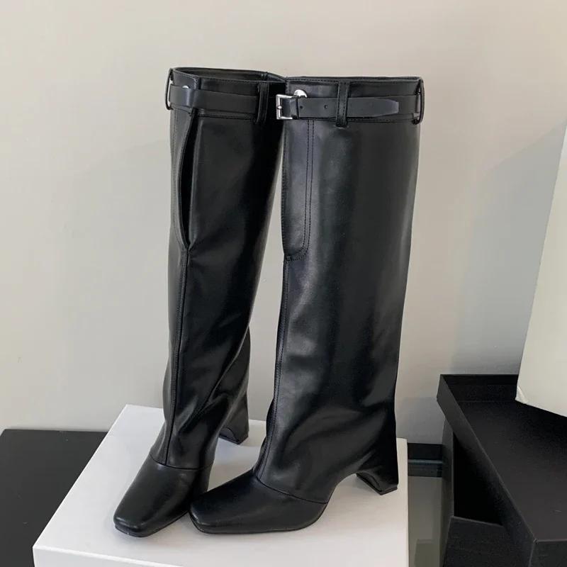 Fashion Eilyken Winter Design Belt Buckle Strap Knee-High Women Boots Street Style Square High Heels Booties Stripper Pumps Shoes