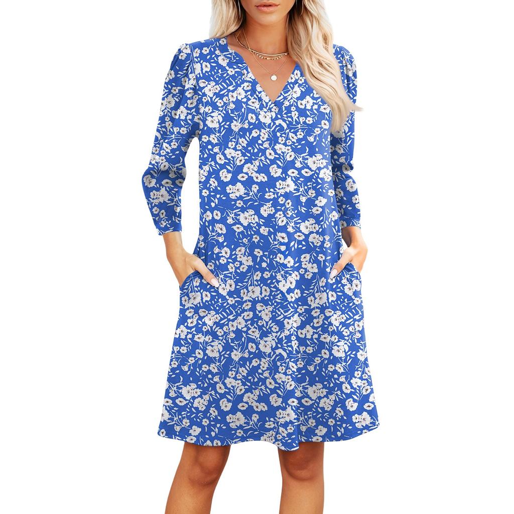 Women's Fashion V-neck Casual Beach Dress Three-quarter Sleeves Floral Print Dress