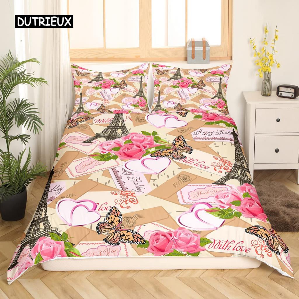 Valentine Day King Queen Duvet Cover Paris Eiffel Tower Bedding Set Pink Watercolor Tulips Flowers Balloon Polyester Quilt Cover
