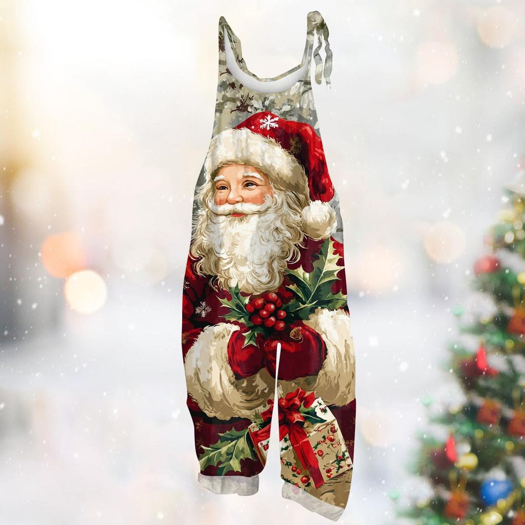 Frauen Overall Weihnachts Druck Beiläufige Lose Vintage Schulter Gurt Baumwolle Leinen
