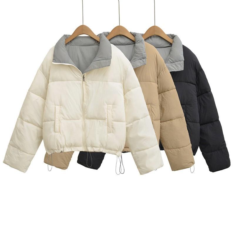 Womens Reversible Stand Collar Cotton Puffer Jacket Winter Casual Loose Fit Warm Coat