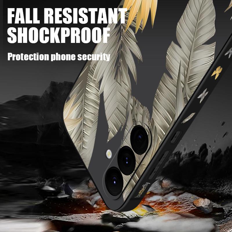 Luxury Golden Leaves Texture Soft Cover For Samsung Galaxy A56 A17 A26 A16 A36 A55 A54 A53 A15 S24 S25 FE S25 S22 S23 Ultra Plus Lanyard Soft Cover