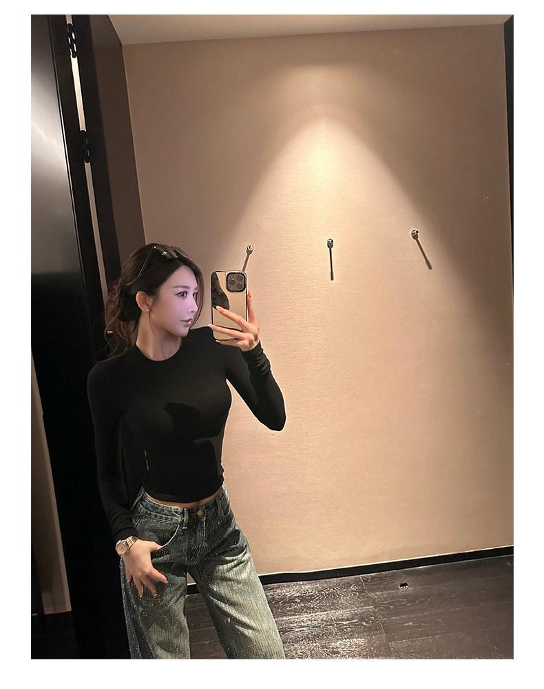Shanxi Women's 4-Color Versatile Knit T-Shirt: Elastic, Soft, Long-Sleeved, Round Neck Top for Autumn/Winter Wear.