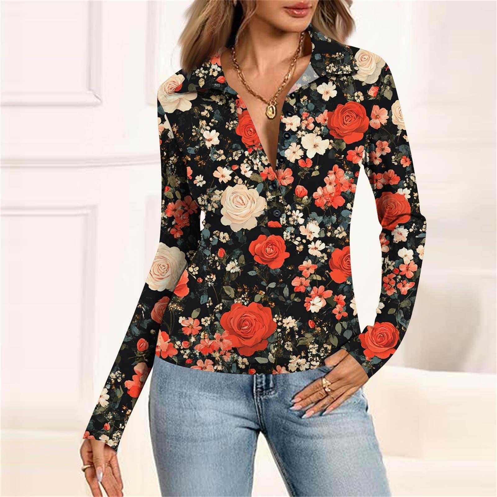 

Женская мода Повседневный принт V-образный вырез Длинный рукав Застегивающаяся на пуговицы блузка L красный