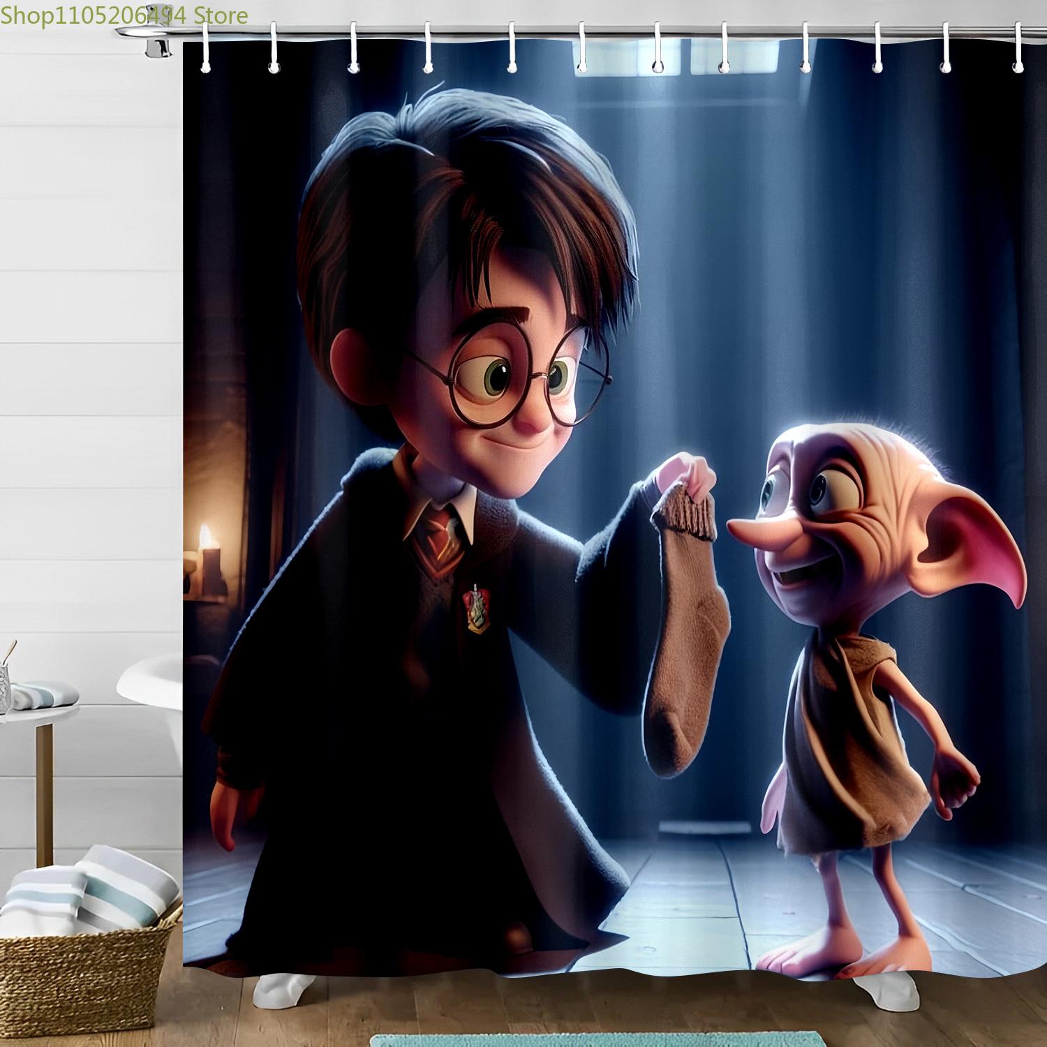 

Valentine S Day Shower Curtain Featuring Warner Bros Characters, Including a 3D Cartoon Wizard And Elf with a Sock Design, Bat 90x180cm