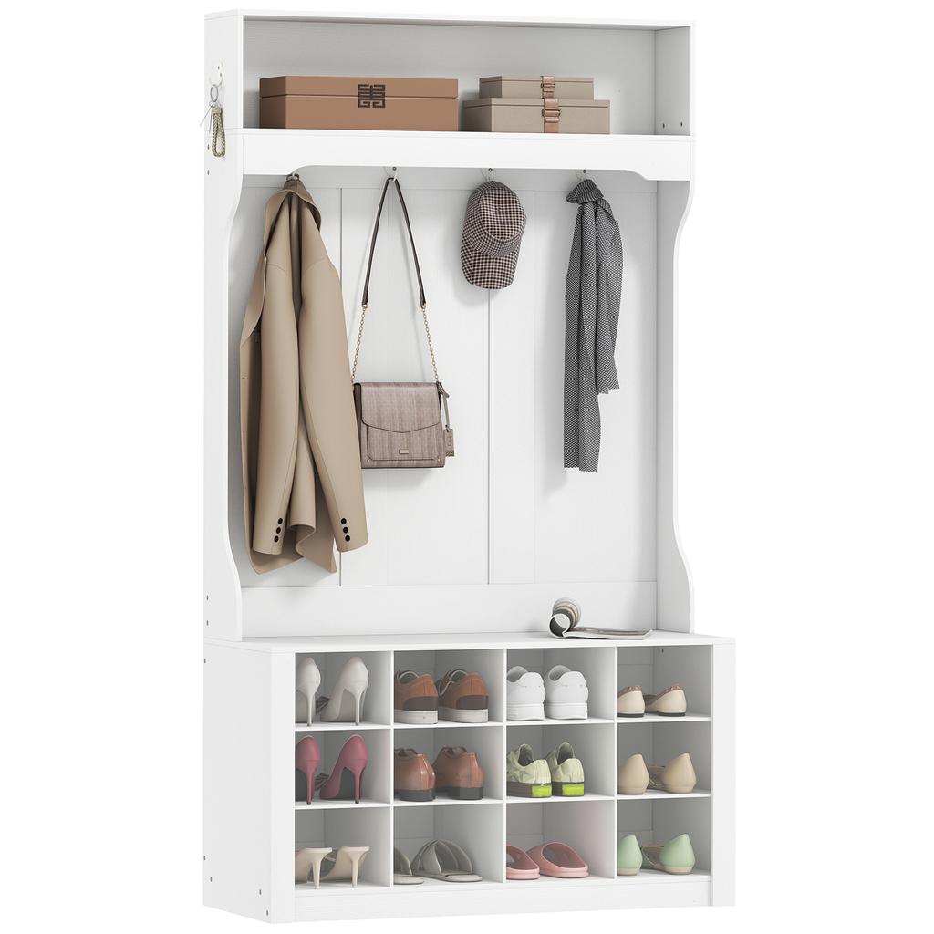 Hallway Coat Rack with Shelf, Bench, Hooks, Shoe Compartments, Particleboard, MDF, White