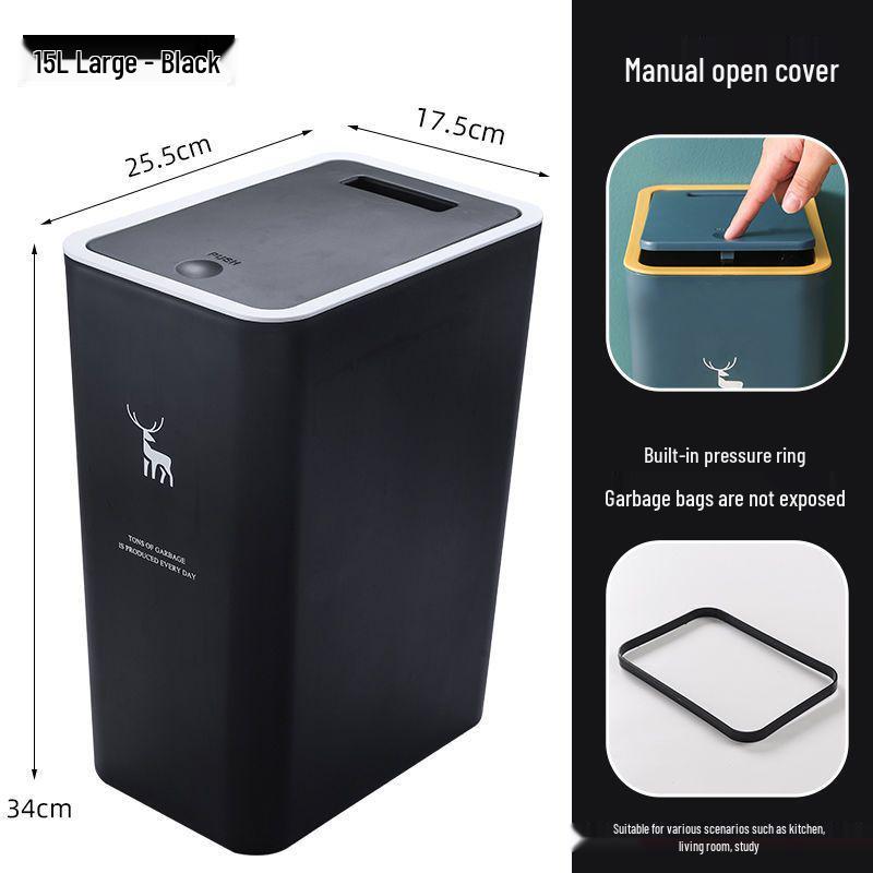 High-Capacity Press-Open Trash Can with Lid for Kitchen & Living Room - Stylish & Popular