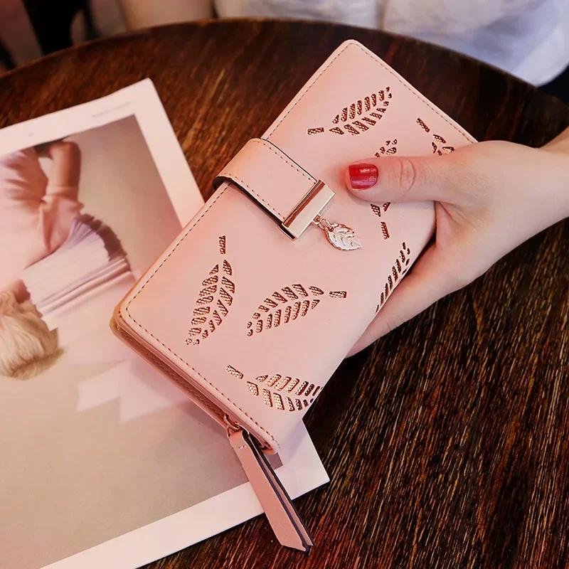Women's Wallet PU Hollow Leaf Zipper Long Handbag  Fashion Multifunctional  Money Bag Coin Purse