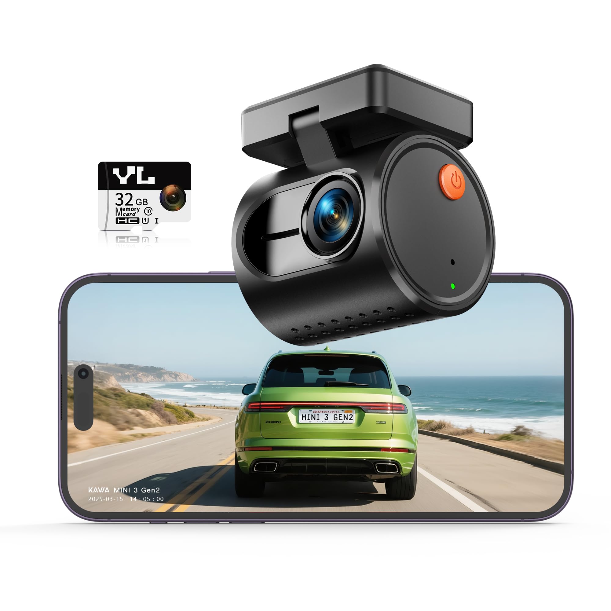 

KAWA 2K Compact Dash Voice 32GB SD App DNR Enhanced Night Parking Screen Rotation Cam, 1296P, Recognition, G-Sensor, Card, Built-in Wi-Fi, Linkage,