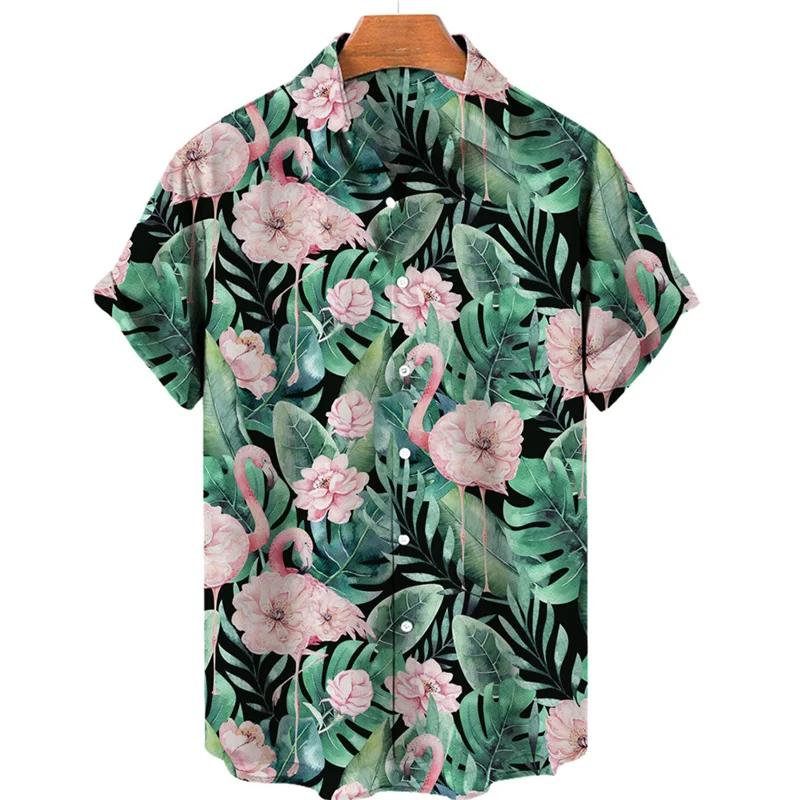 Tropical Jungle Flamingo 3d Print Hawaiian Shirt for Men Summer Street Short Sleeves Tops Harajuku Lapel Button Loose Blouse