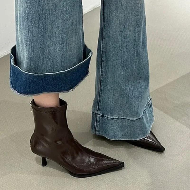 Moda 2024 Venta Caliente Zapatos Mujer Cremallera Trasera Botas de Mujer Moda Sólido Oficina y Carrera Sexy Punta Puntiaguda Botines Zapatos Mujer