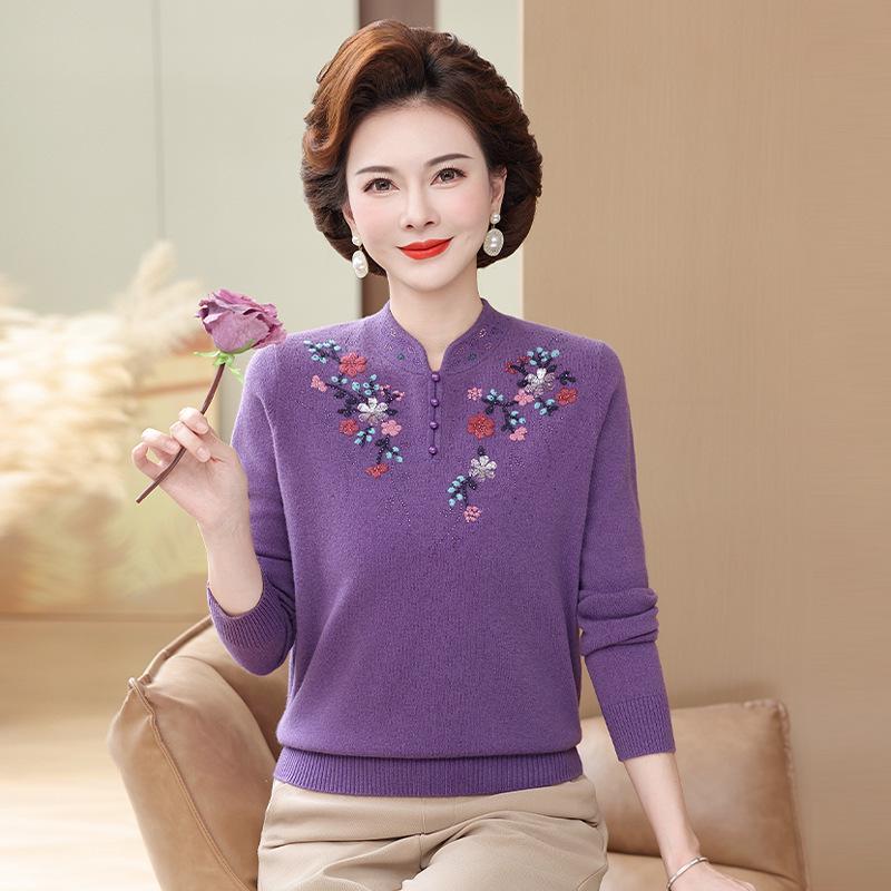 Mamas reiner Woll-Strickpullover mit Stickerei - Übergröße, lockere Passform für Frauen mittleren und höheren Alters (Herbst Winter)