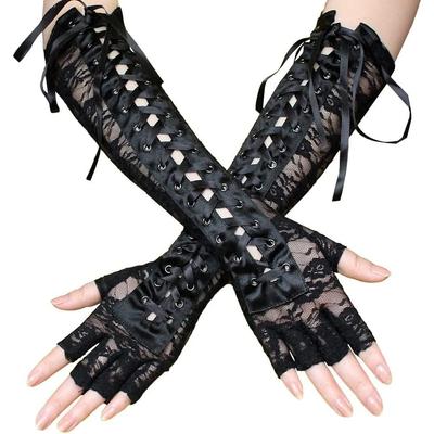 SHLYMP Uzun Gotik Çiçekli Parti Cosplay Süslü Fotoğraf Kostümü UV Kol Siyah Bağcıklı Eldivenler, Parmaksız, Lolita, Dantel, Nakış, Eldivenler, Eldivenler,