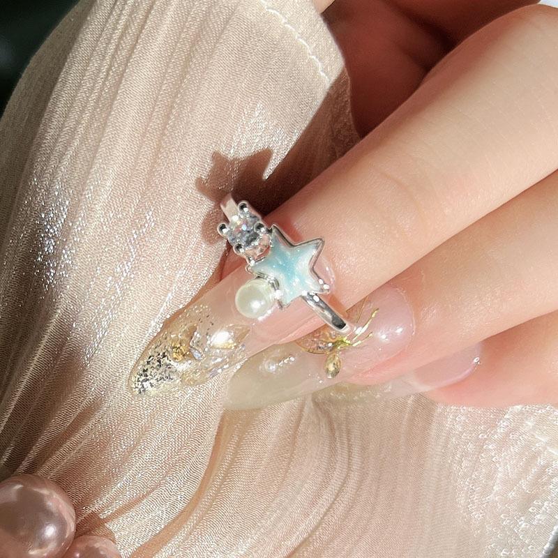 Ocean element blue gradual change ins cold wind starfish small fish opening ring female sweet cool exquisite personality ring