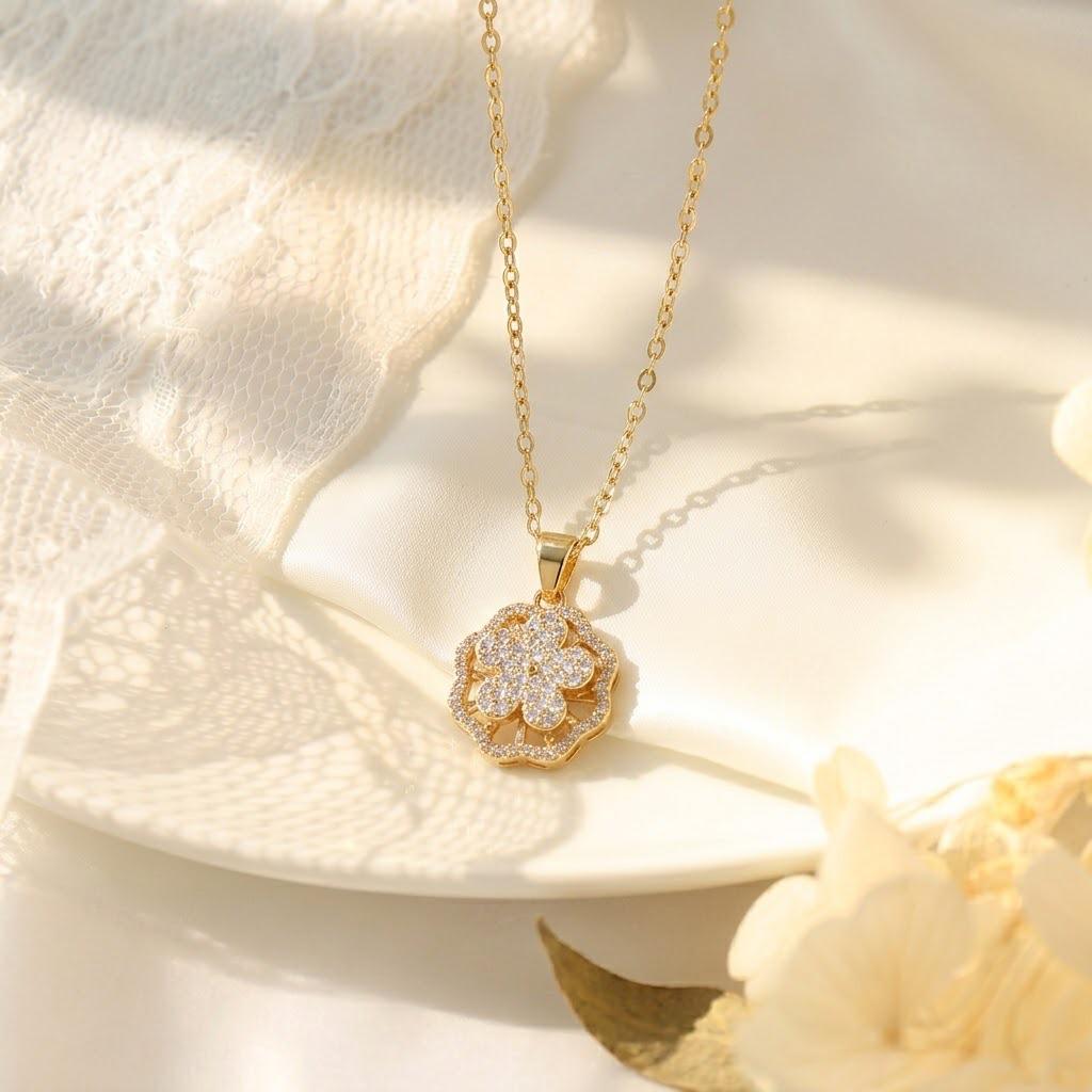 European & American Titanium Steel Cat's Eye Zircon Flower Necklace for Women - Rotating Pendant, Elegant Collarbone Chain