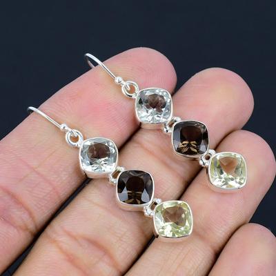 Pendientes de cuarzo ahumado natural y amatista verde, plata de ley 925, pendientes colgantes hechos a mano, regalo de joyería para el día de San Valentín