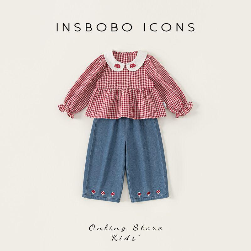 Insbobo Girls  Suit Spring New 2026 Baby Doll Collar Cute Two-Piece Set Kidsren s Spring & Fall Clothes Red Grid 80