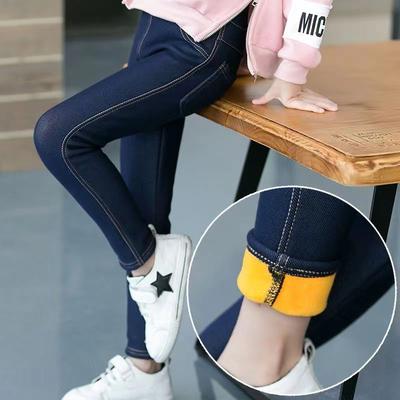 Dievčenské zimné kovbojské džínsové dlhé nohavice pre deti, zosilnené, teplé, bootcut, skinny, hrubé legíny s fleecom, nohavice s elastickým pásom