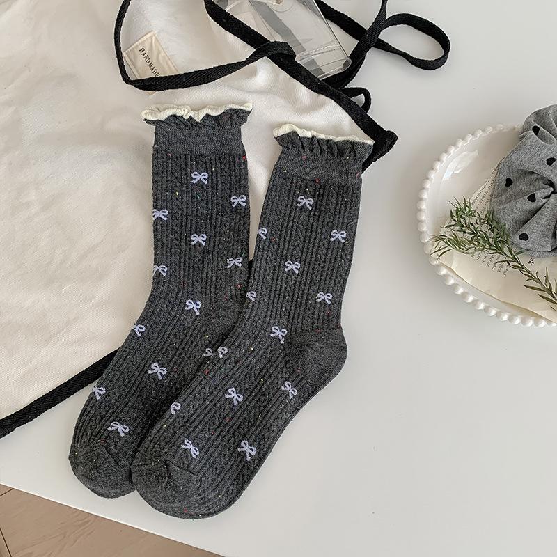 

Female Spring and Autumn Sweet Idea Yarn Hemp Pattern Bowtie Bubble Mouth Tube Pile Pile Socks 1 pair темно серый