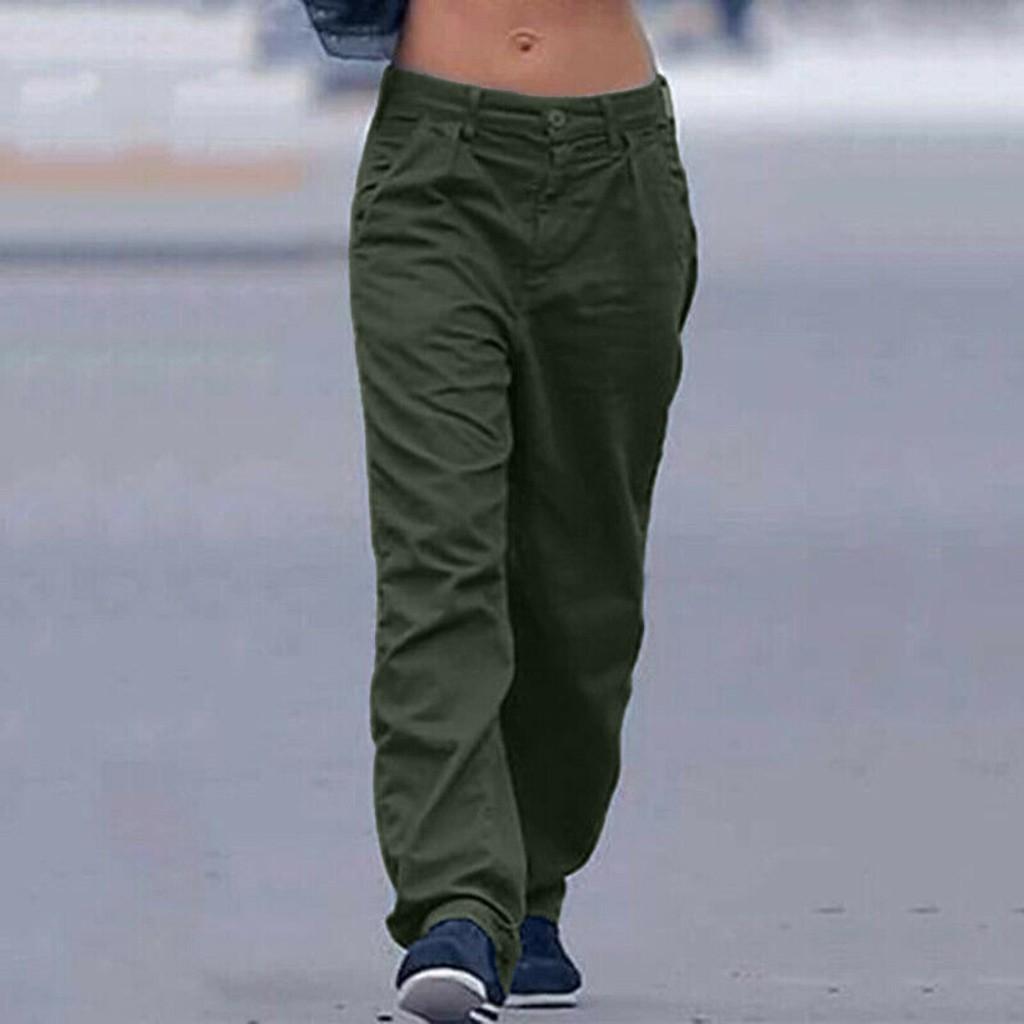Women Casual Solid Cargo Pant Pocket Elastic Waist Loose Pant