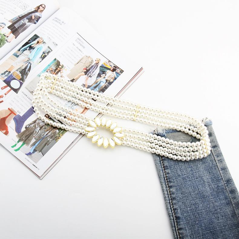 Ladies Dress Embellished With Four Rows Of High-Quality Pearl Elastic Elastic Flash Diamond Belt Waist Chain
