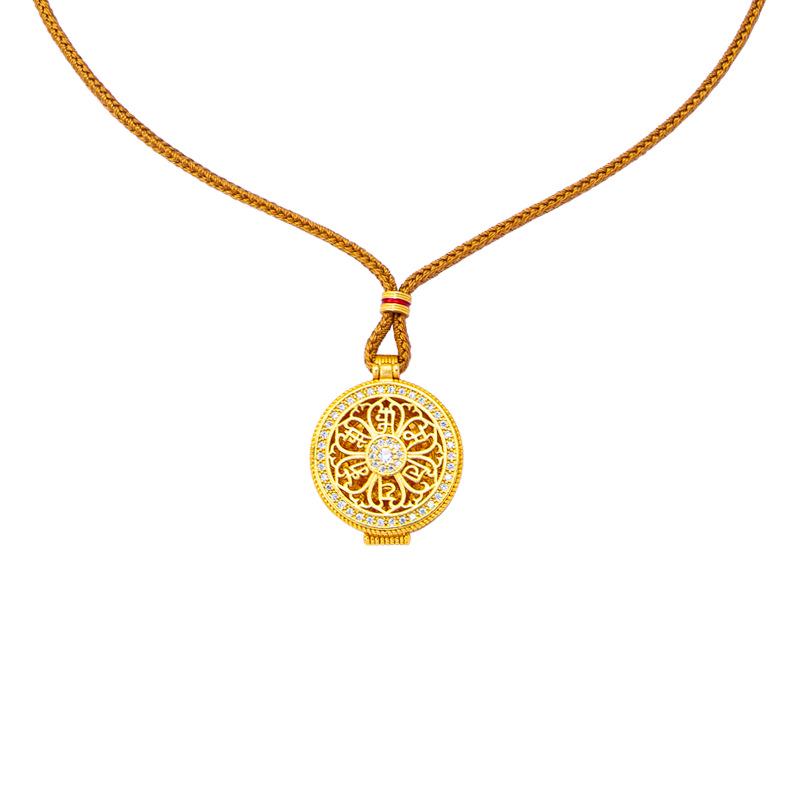 Women's Trendy Gold Sand Compass Pendant Necklace with Diamond-Inlaid Eight Treasures and God of Wealth Design