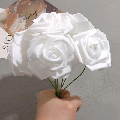 50 buc/pachet Cap de floare artificială cu trandafir PE alb cu tulpină Buchet de bricolaj pentru decorare pentru petrecerea de nuntă Material pentru albume de însemnări