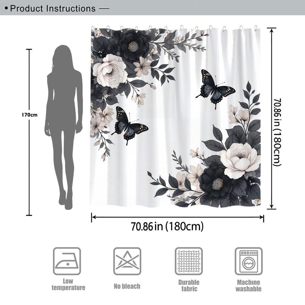 1 Polyester Douchegordijn, Elegant Bloemendessin, Zwart-Witte Rozen, Victoriaans Ontwerp, Met Haken, Wasbaar in de Machine