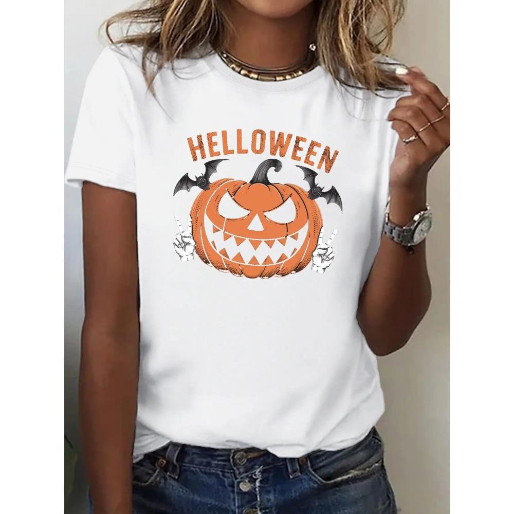 Women's White Halloween T-Shirt Costume Sleeve Pure Top with Print Pumpkin Bat Peace Sign Design Aesthetic Clothes