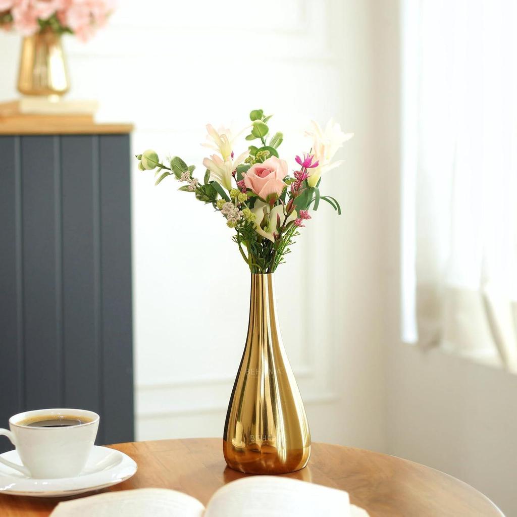Golden Metal Flower Vase for Home Décor | Table Top Decorative Teardrop Vase for Living Room, Office & Bedroom