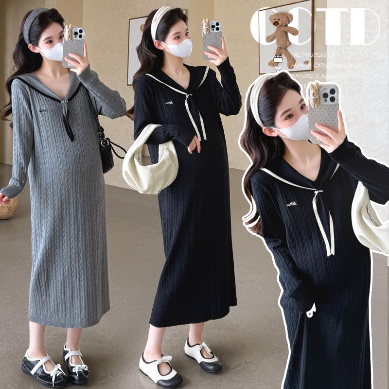 Navy Collar Plus Size Korean Style Knit Maternity Dress