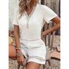 Summer V-neck Lace Spliced Short Sleeved Blouse Women Loose Solid Color Shorts Set for Women Hollow Out Fashion Elegant Simple Casual Sweet Outfits